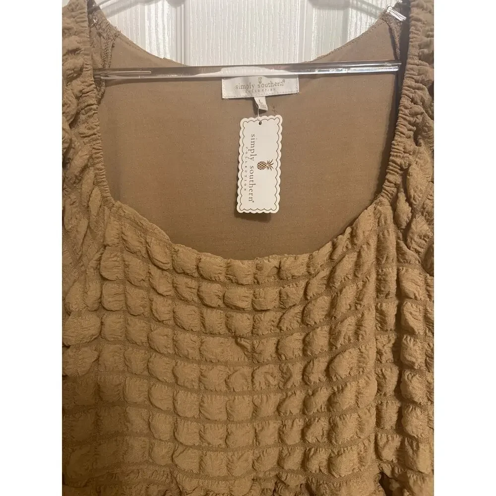 Simply Southern NWT Bubble Ruffle Mini Dress Size Large Brown Flowy Boho - Picture 2 of 11